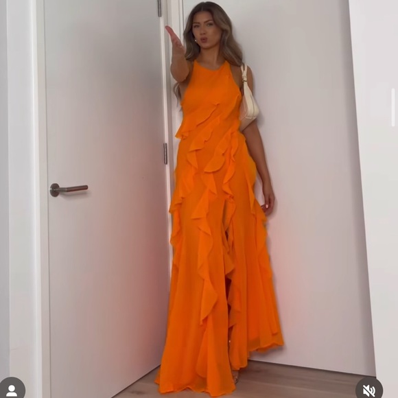 ASOS DESIGN racer neckline ruffle maxi dress with hi low hem in bright orange - Picture 5 of 5